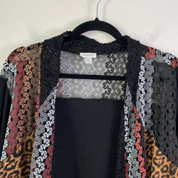 Avenue Womens Plus 26/28 Cardigan Duster Mix Media Animal Print Lace Mid Length - Picture 4 of 12